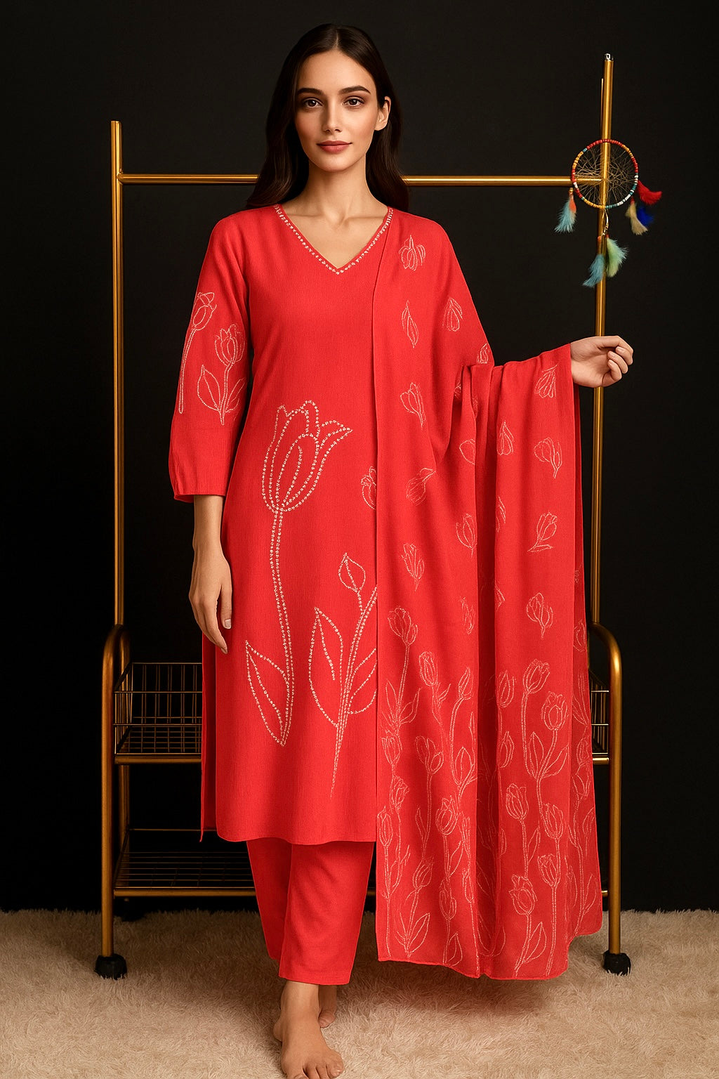 Spice Wardrobe Elegant Cotton Ethnic Suit Set with Floral Embroidery, red, 3/4 Sleeves, Dupatta and Pants
