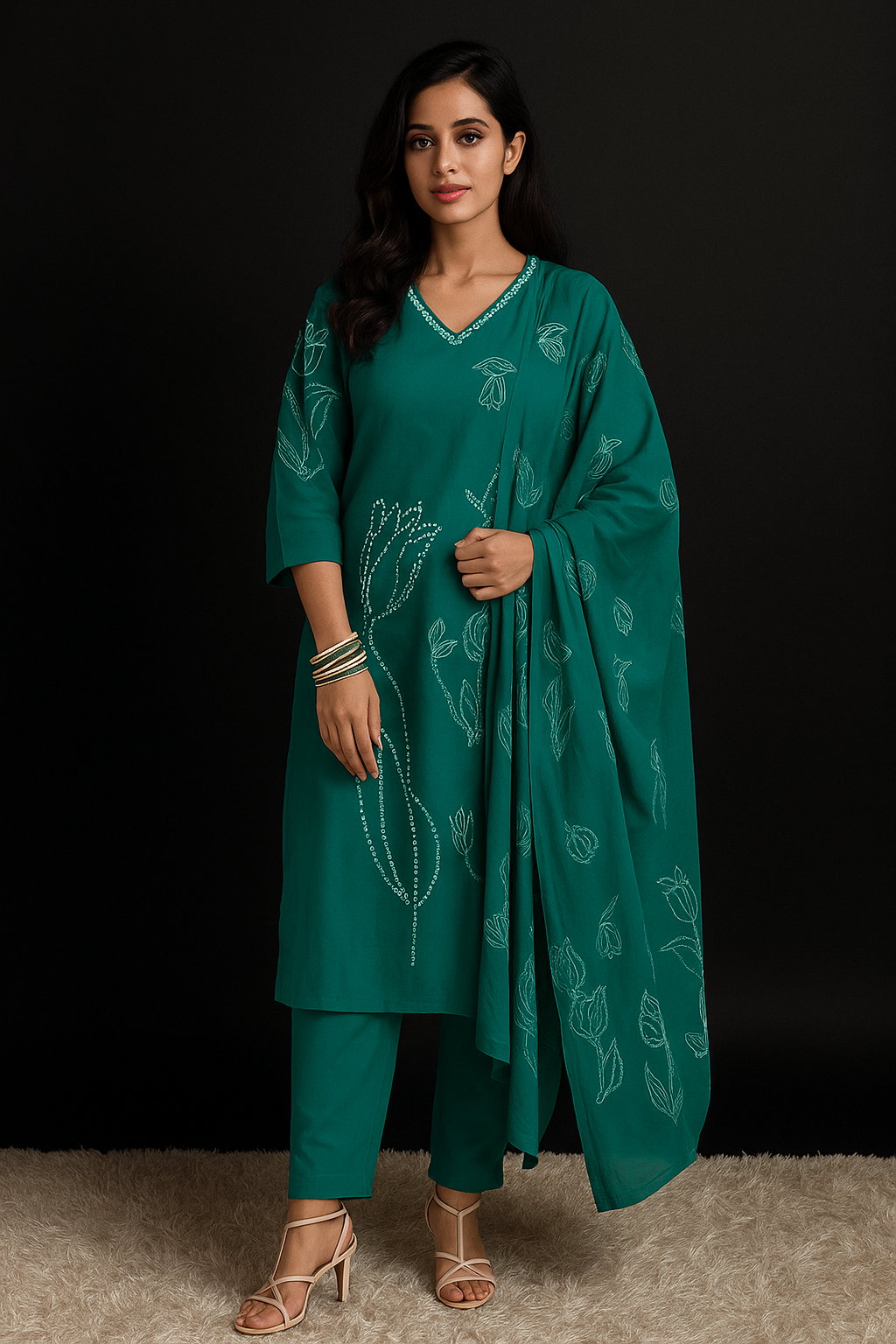 Spice Wardrobe Elegant Cotton Ethnic Suit Set with Floral Embroidery turquoise, 3/4 Sleeves, Dupatta and Pants