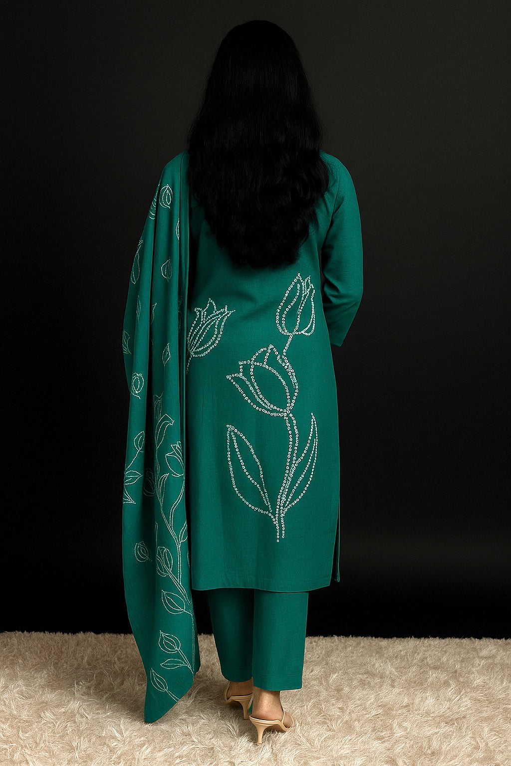 Spice Wardrobe Elegant Cotton Ethnic Suit Set with Floral Embroidery turquoise, 3/4 Sleeves, Dupatta and Pants