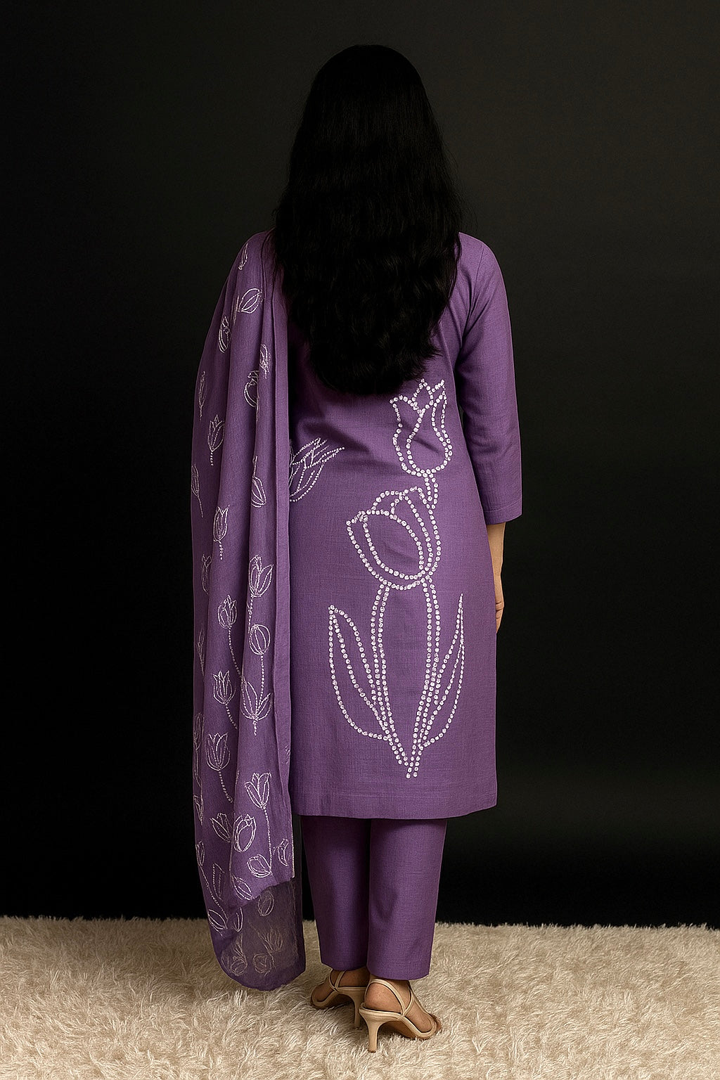 Spice Wardrobe Elegant Cotton Ethnic Suit Set with Floral Embroidery, purple, 3/4 Sleeves, Dupatta and Pants
