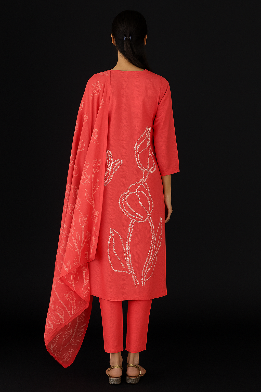 Spice Wardrobe Elegant Cotton Ethnic Suit Set with Floral Embroidery, red, 3/4 Sleeves, Dupatta and Pants