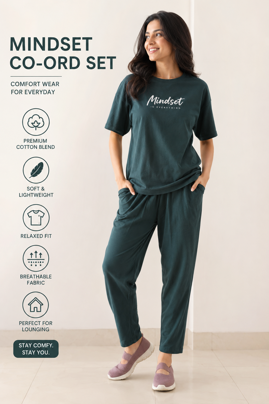 Spice Wardrobe Mindset Co-ord Set Women Cotton Casual Tee and Pants