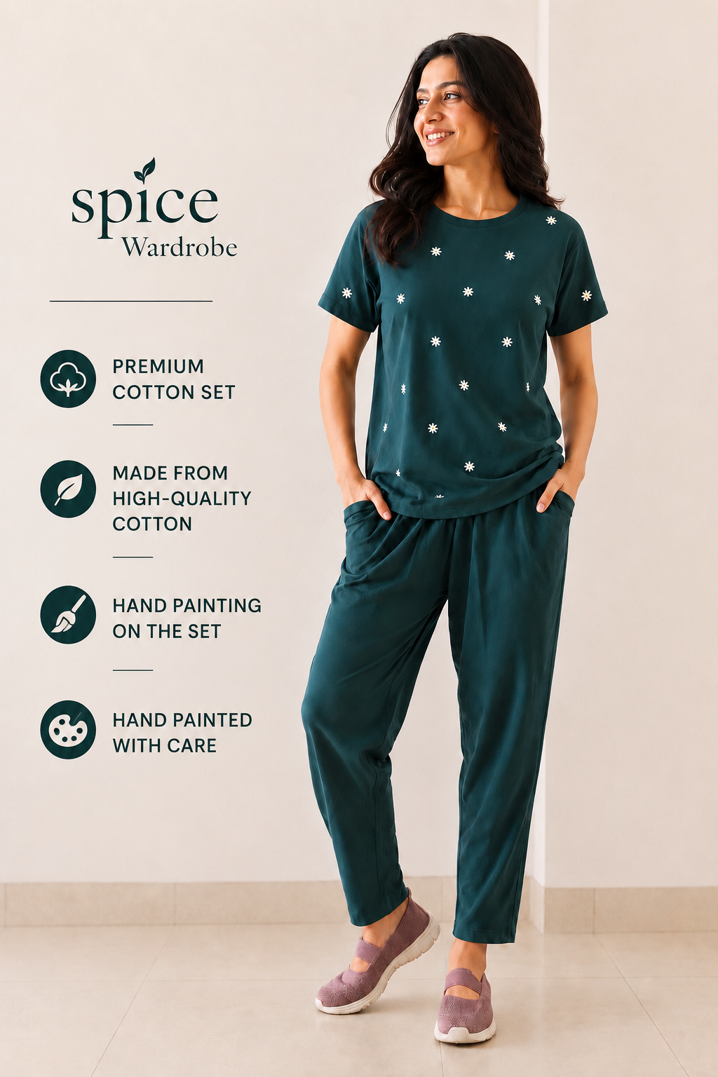 Spice Wardrobe Hand Painted Co-ord Set Women Cotton Casual Tee and Pants