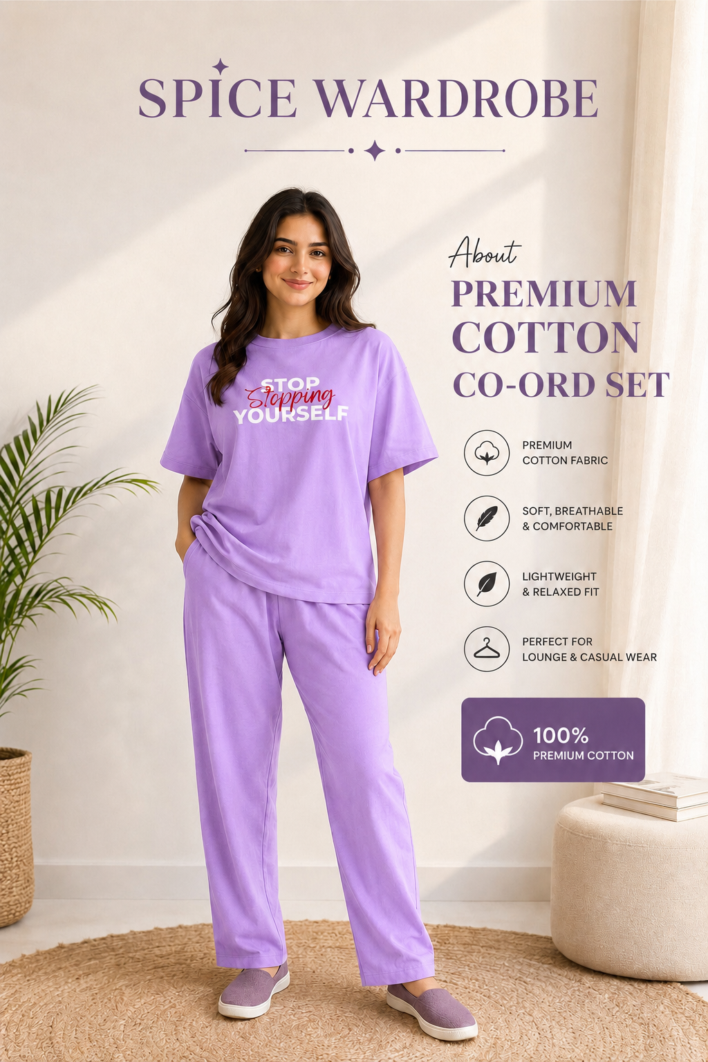 Spice Wardrobe Co-ord Set Women Cotton Casual Tee and Pants
