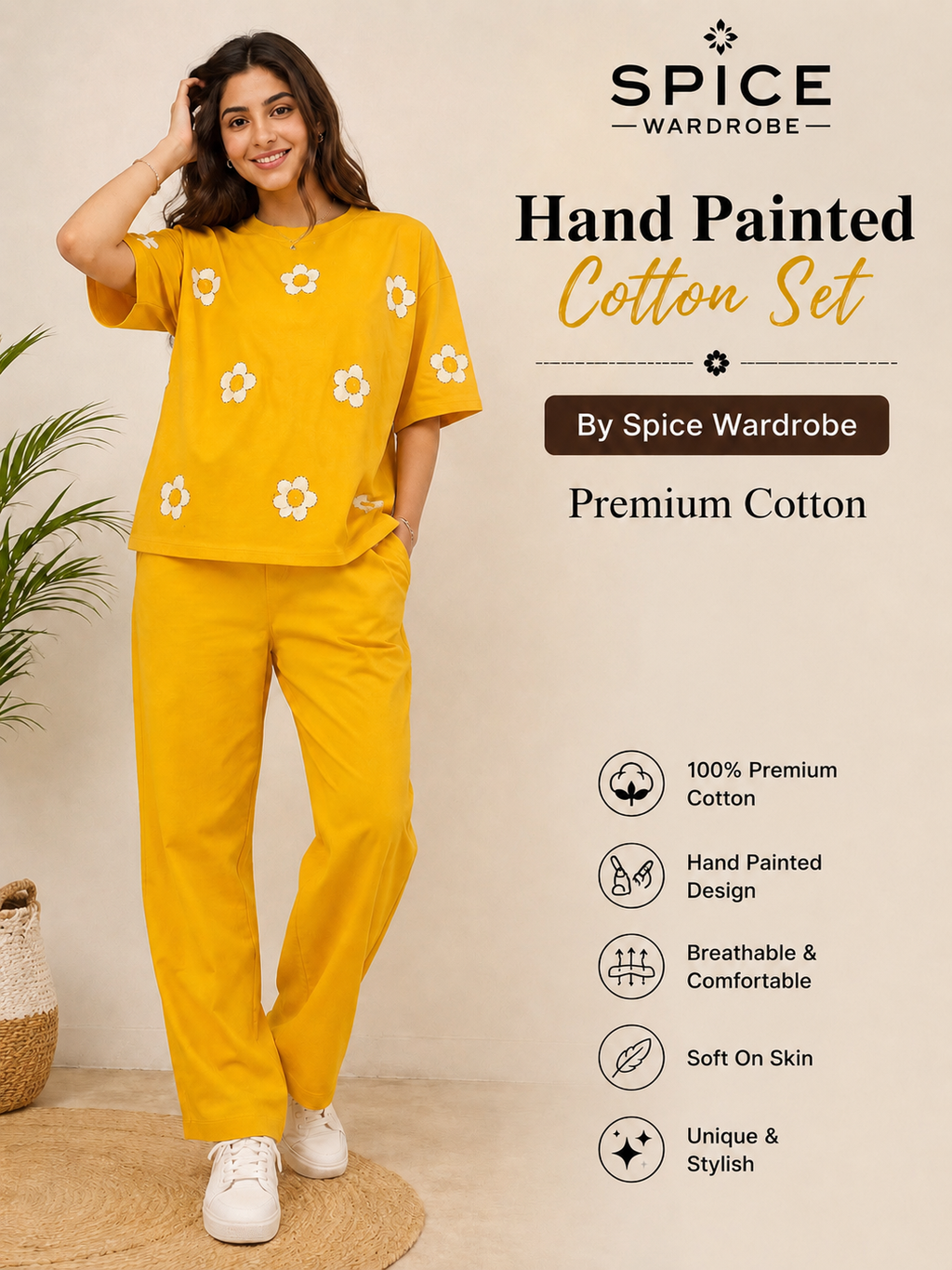 Spice Wardrobe Co-ord Set Women Cotton Casual Tee and Pants