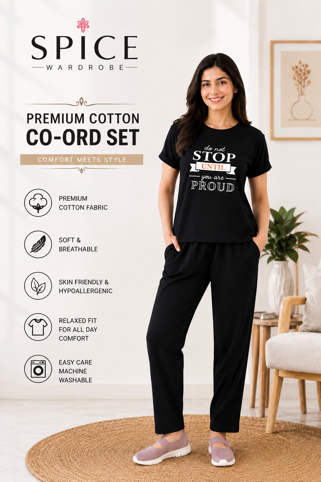 Spice Wardrobe Co-ord Set Women Cotton Casual Tee and Pants