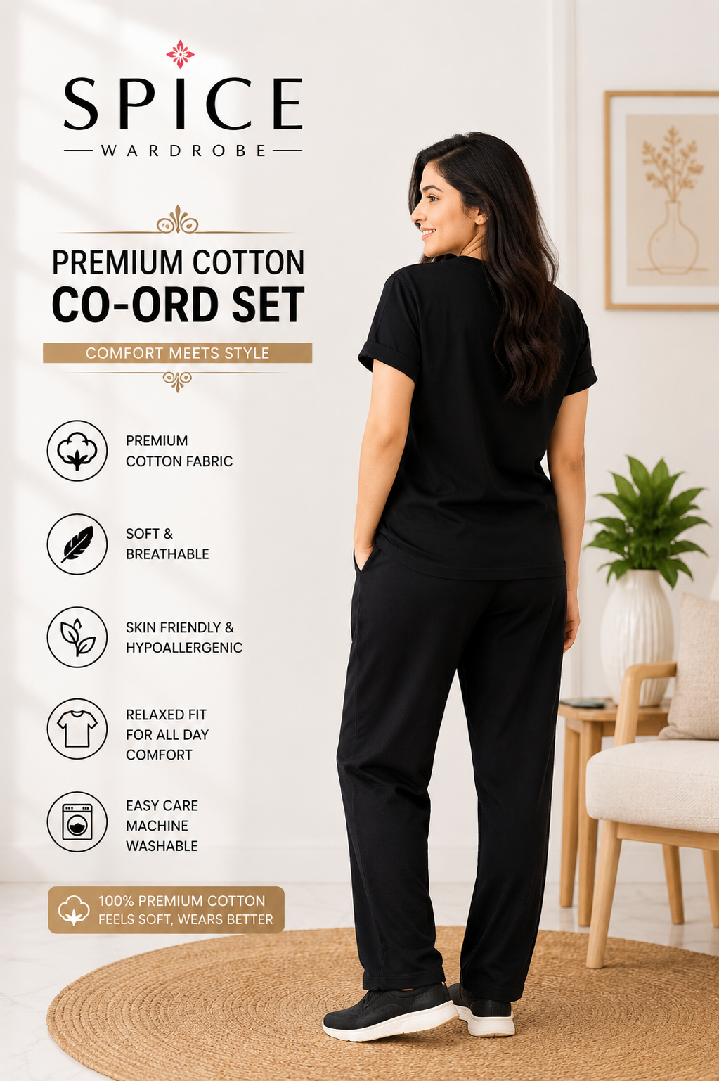 Spice Wardrobe Co-ord Set Women Cotton Casual Tee and Pants