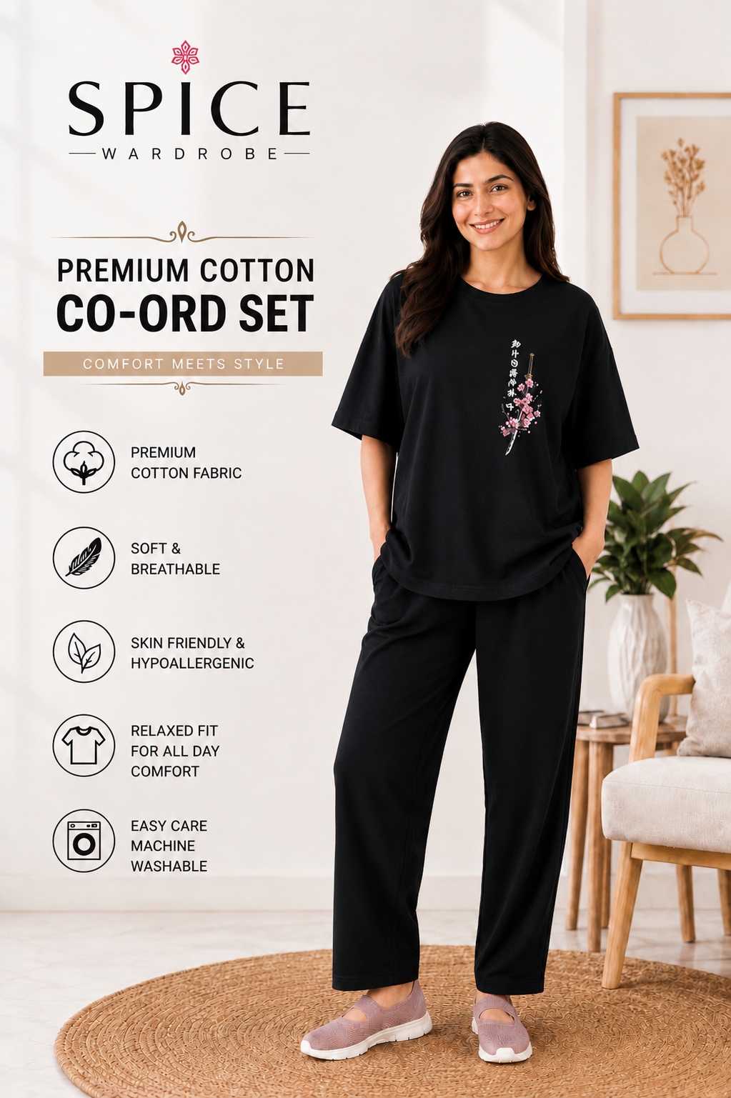 Spice Wardrobe Co-ord Set Women Cotton Casual Tee and Pants