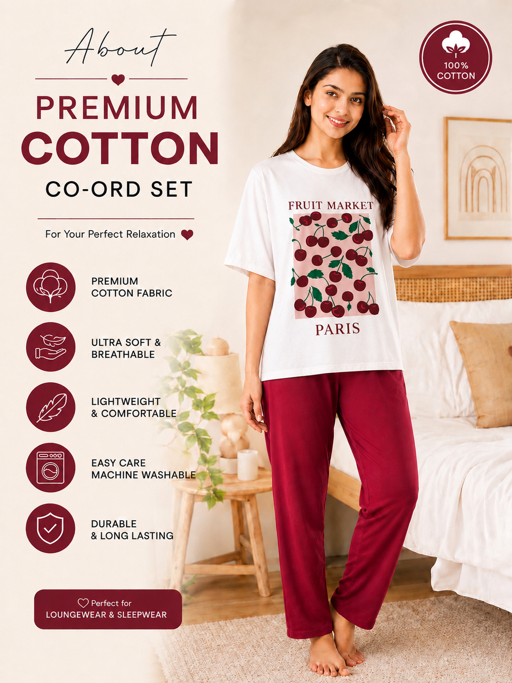 Spice Wardrobe Co-ord Set Women Cotton Casual Tee and Pants