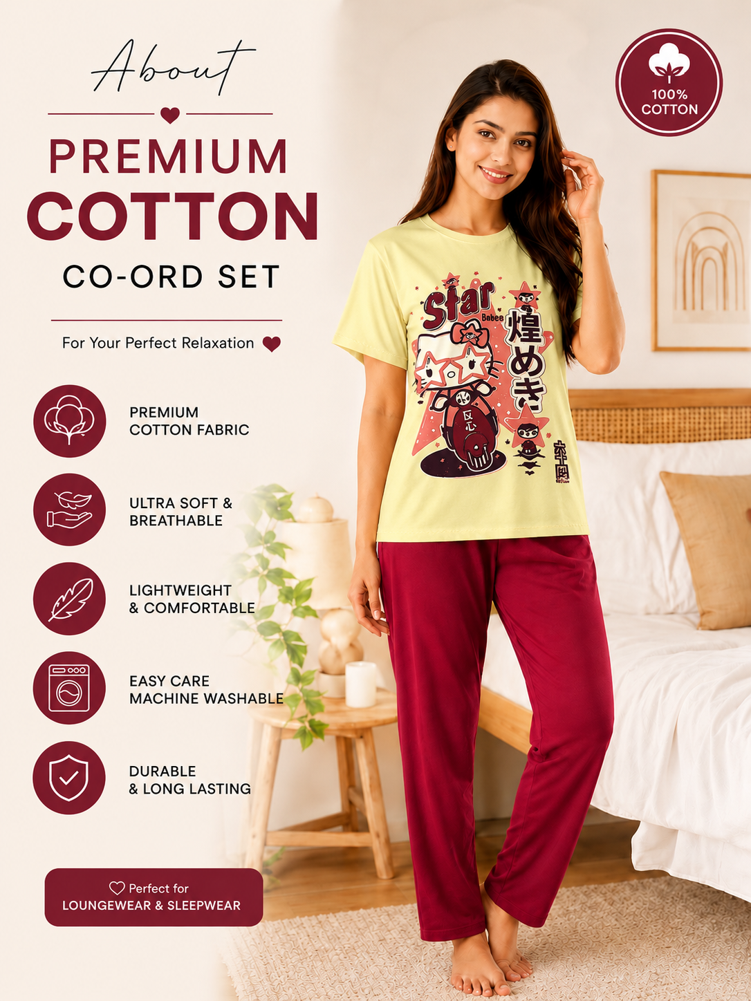 Spice Wardrobe Co-ord Set Women Cotton Casual Tee and Pants