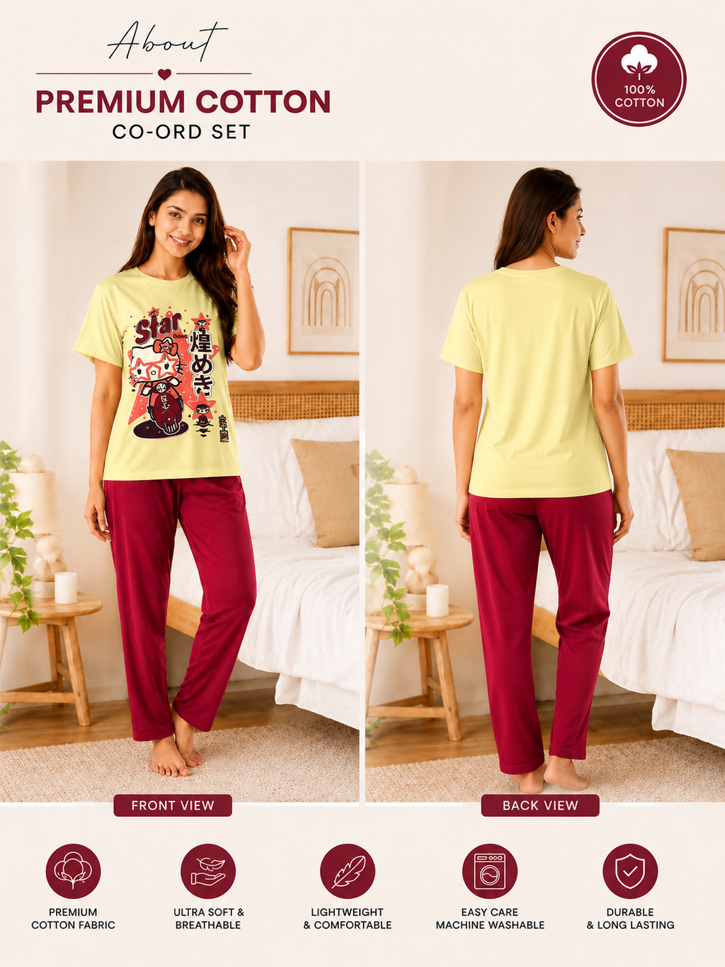 Spice Wardrobe Co-ord Set Women Cotton Casual Tee and Pants