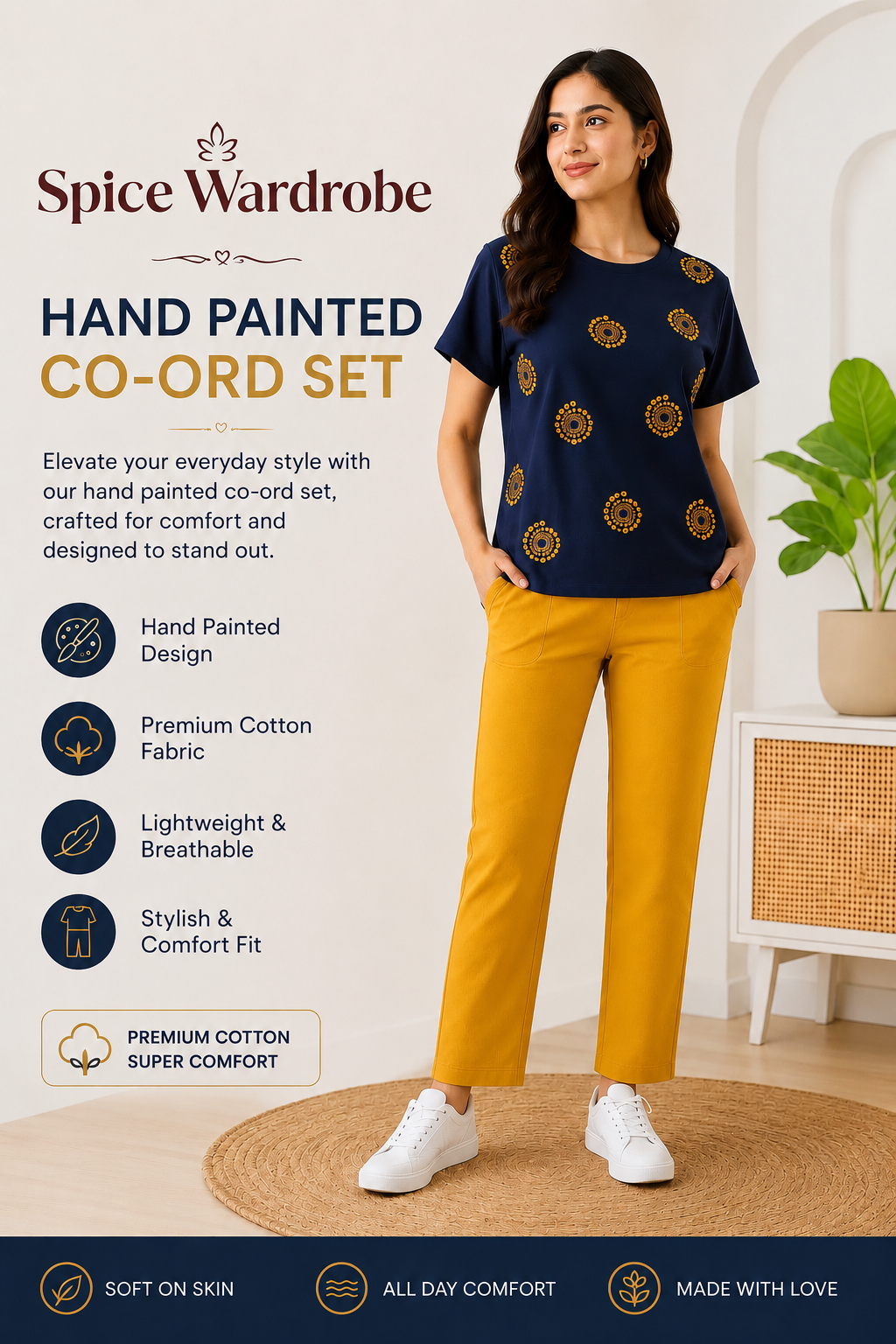 Spice Wardrobe Co-ord Set Women Cotton Casual Tee and Pants
