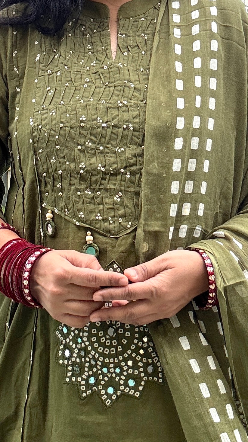 Spice Wardrobe Elegant Olive Green Anarkali Cotton Suit
