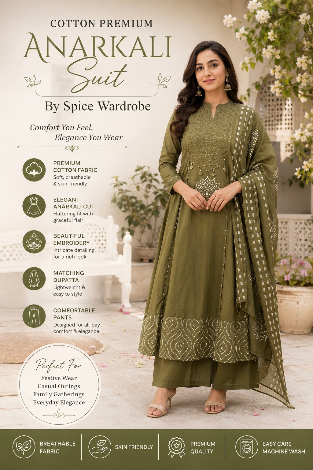 Spice Wardrobe Elegant Olive Green Anarkali Cotton Suit
