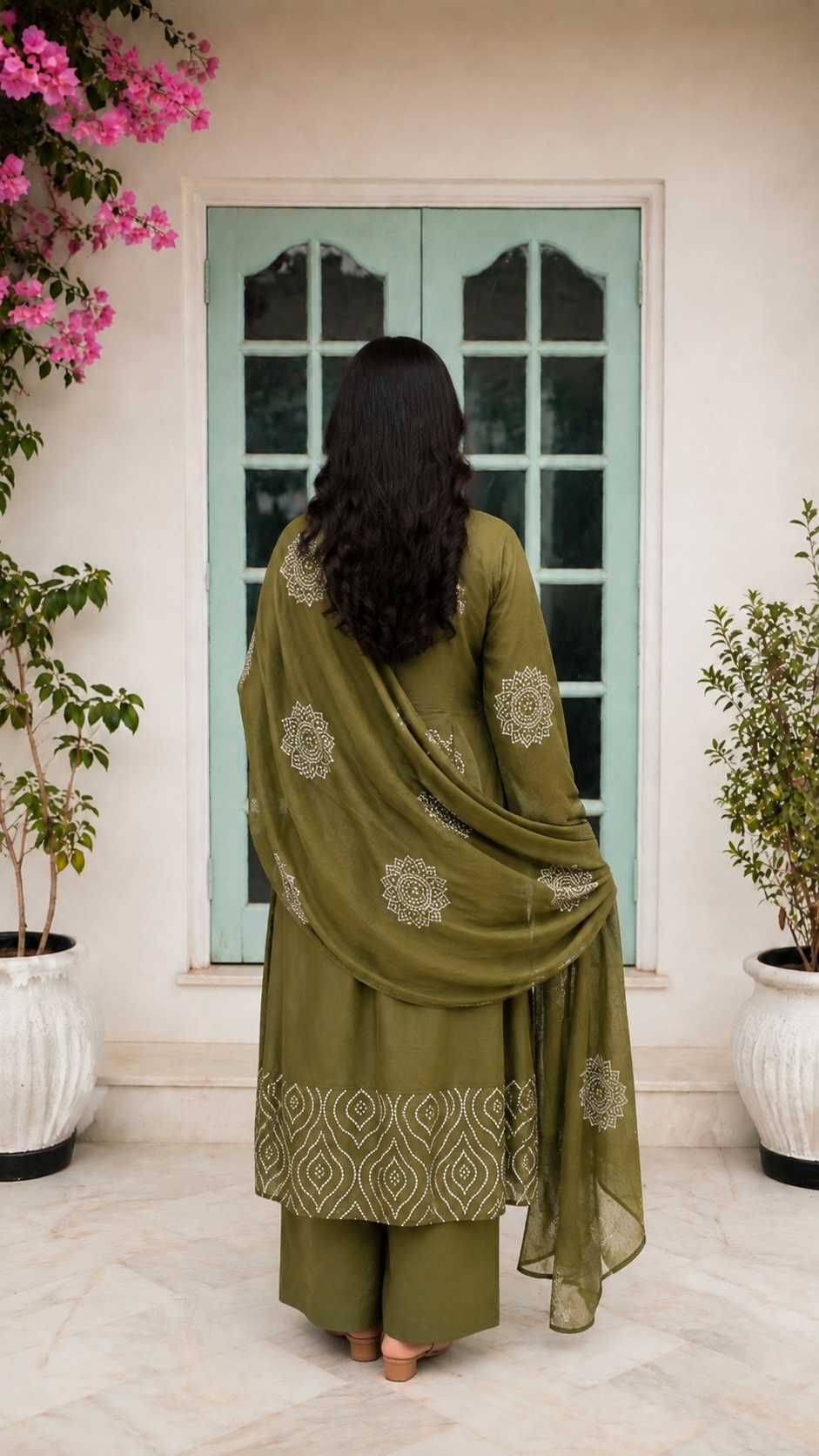 Spice Wardrobe Elegant Olive Green Anarkali Cotton Suit