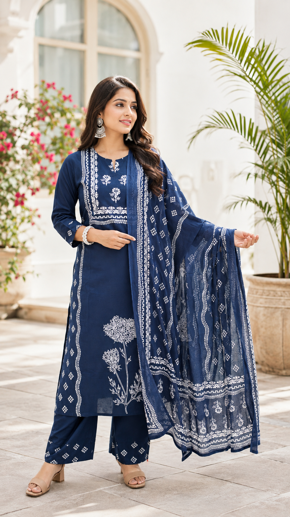 Spice Wardrobe Elegant Blue Printed Cotton Suit