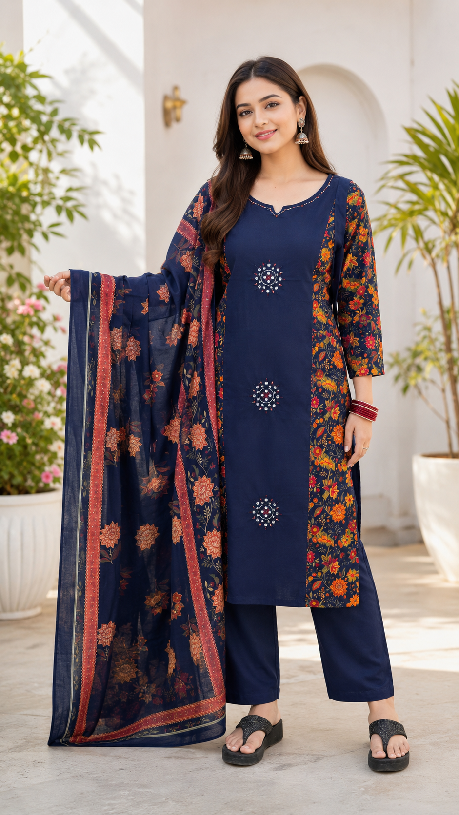 Spice Wardrobe Elegant Navy Blue Cotton Printed Suit