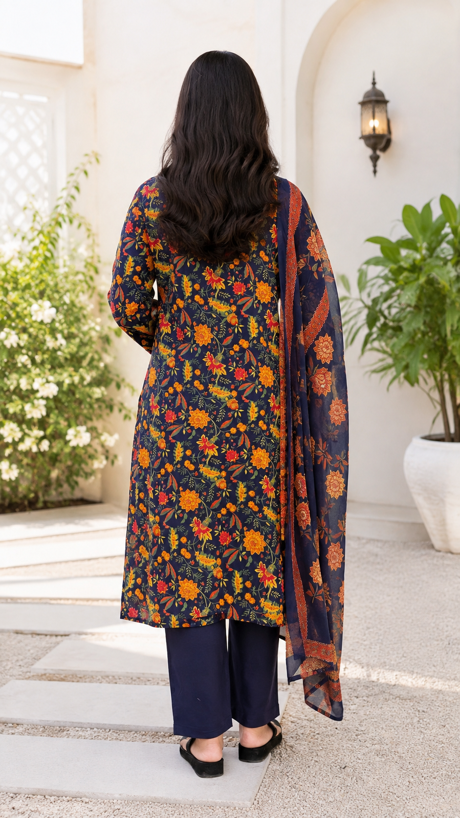 Spice Wardrobe Elegant Navy Blue Cotton Printed Suit