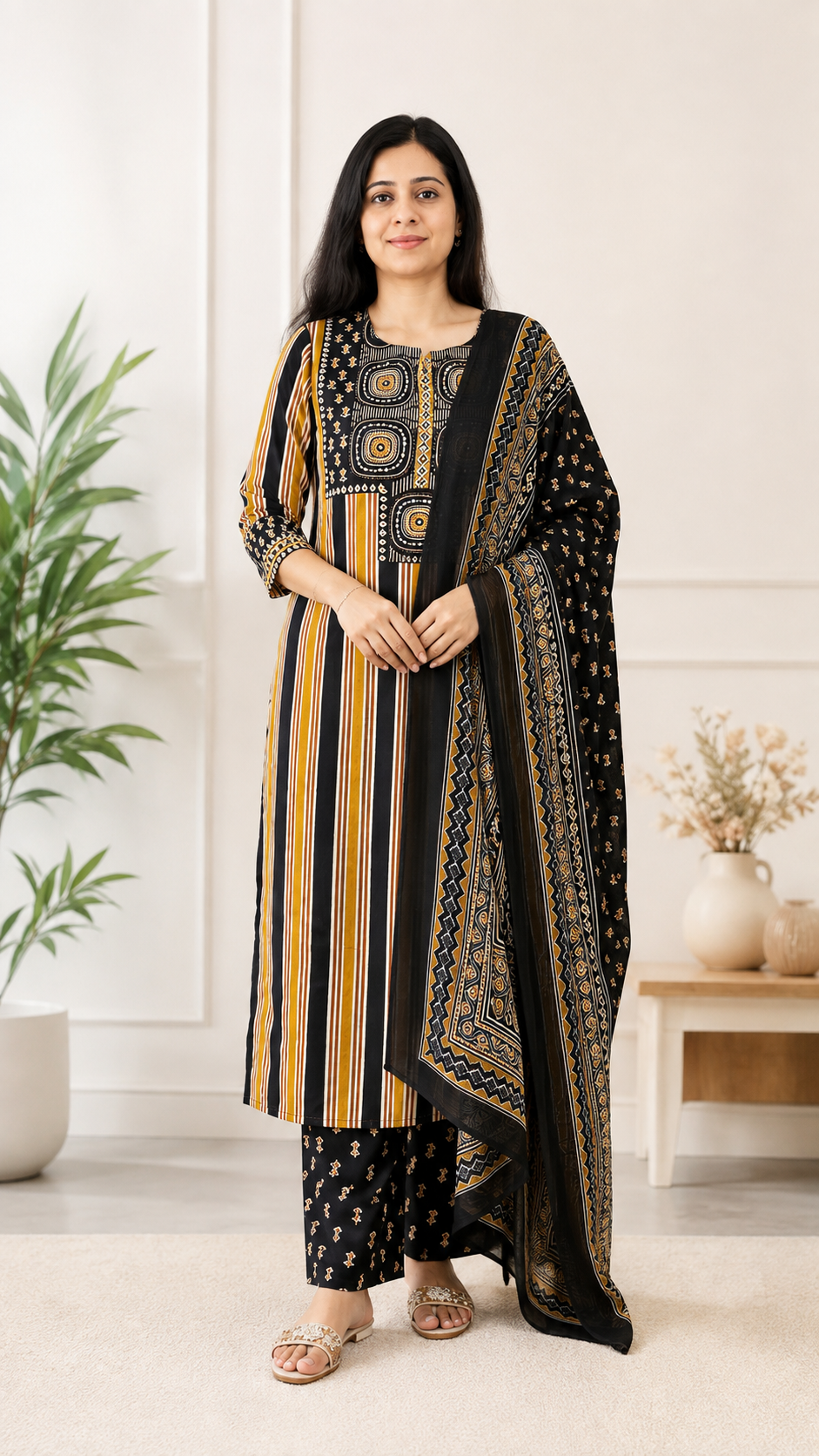 Spice Wardrobe Elegant Black and Yellow Cotton Printed Suit