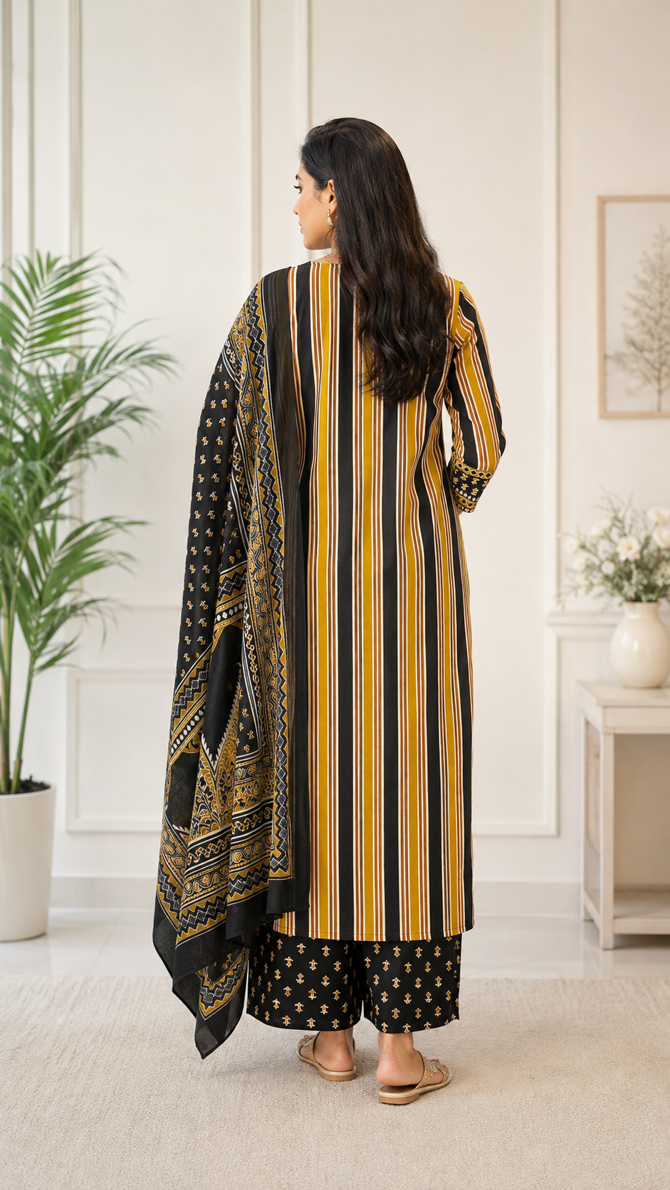 Spice Wardrobe Elegant Black and Yellow Cotton Printed Suit