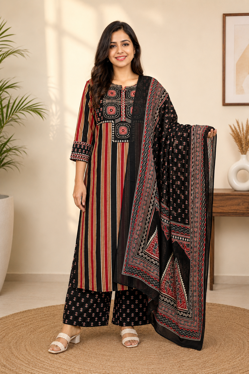 Spice Wardrobe Elegant Black and Red Cotton Printed Suit