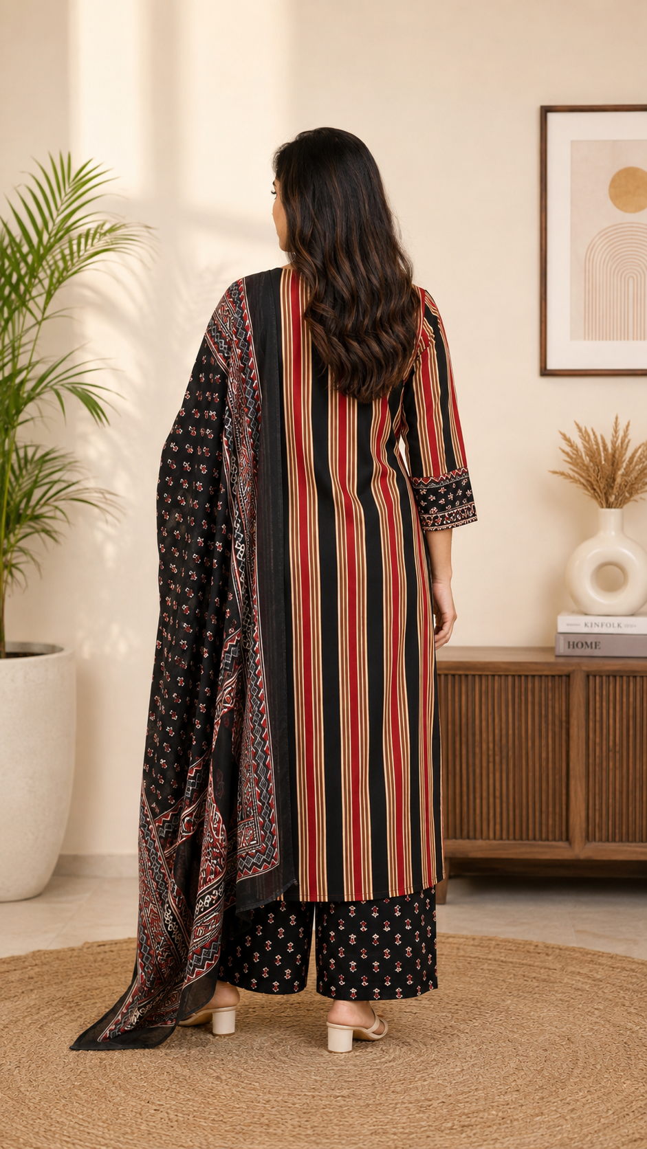 Spice Wardrobe Elegant Black and Red Cotton Printed Suit