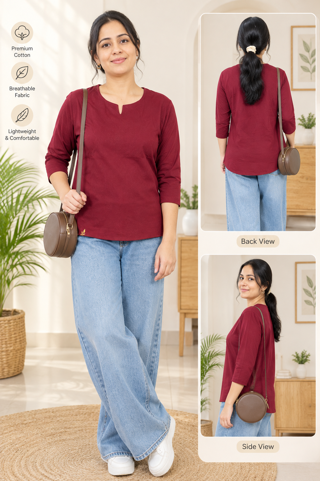 Spice Wardrobe Maroon Elegant Premium Cotton Short Kurti for Women