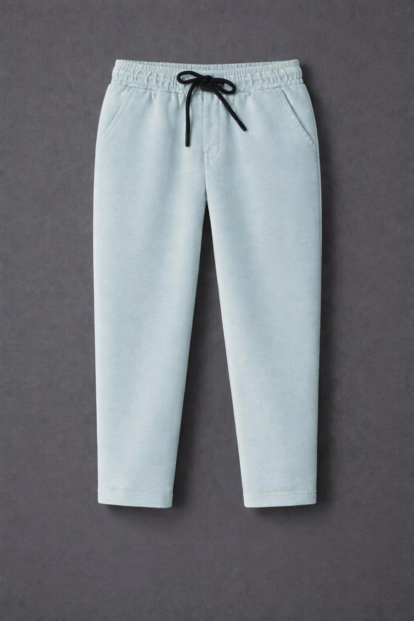 Kids Light Blue Drawstring Straight Pants, Elastic Waist, Side Pockets, Casual Loungewear