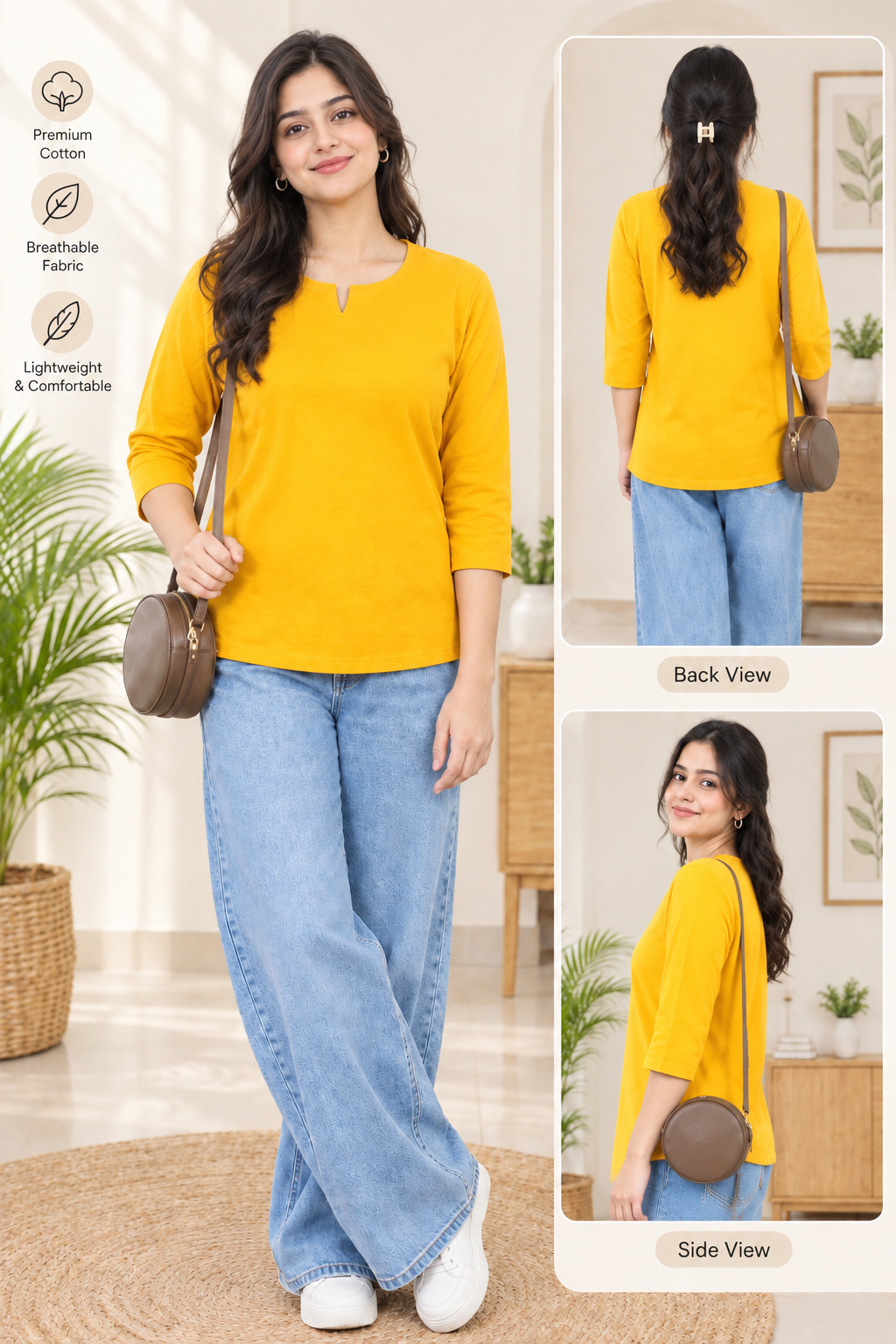 Spice Wardrobe Yellow Elegant Premium Cotton Short Kurti for Women