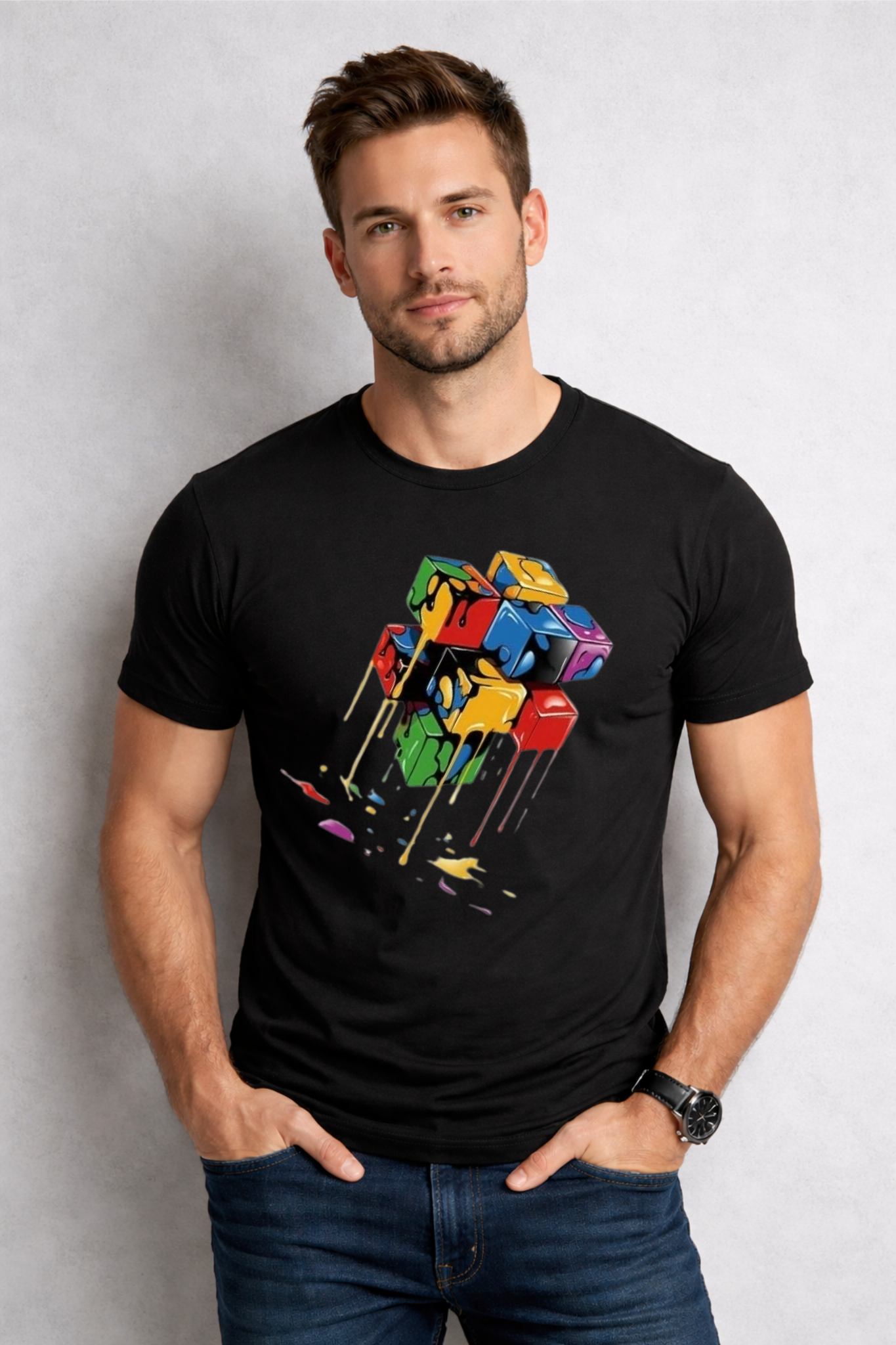 Holi Special T-Shirt for Men, Black, Colorful Print, Festival Wear