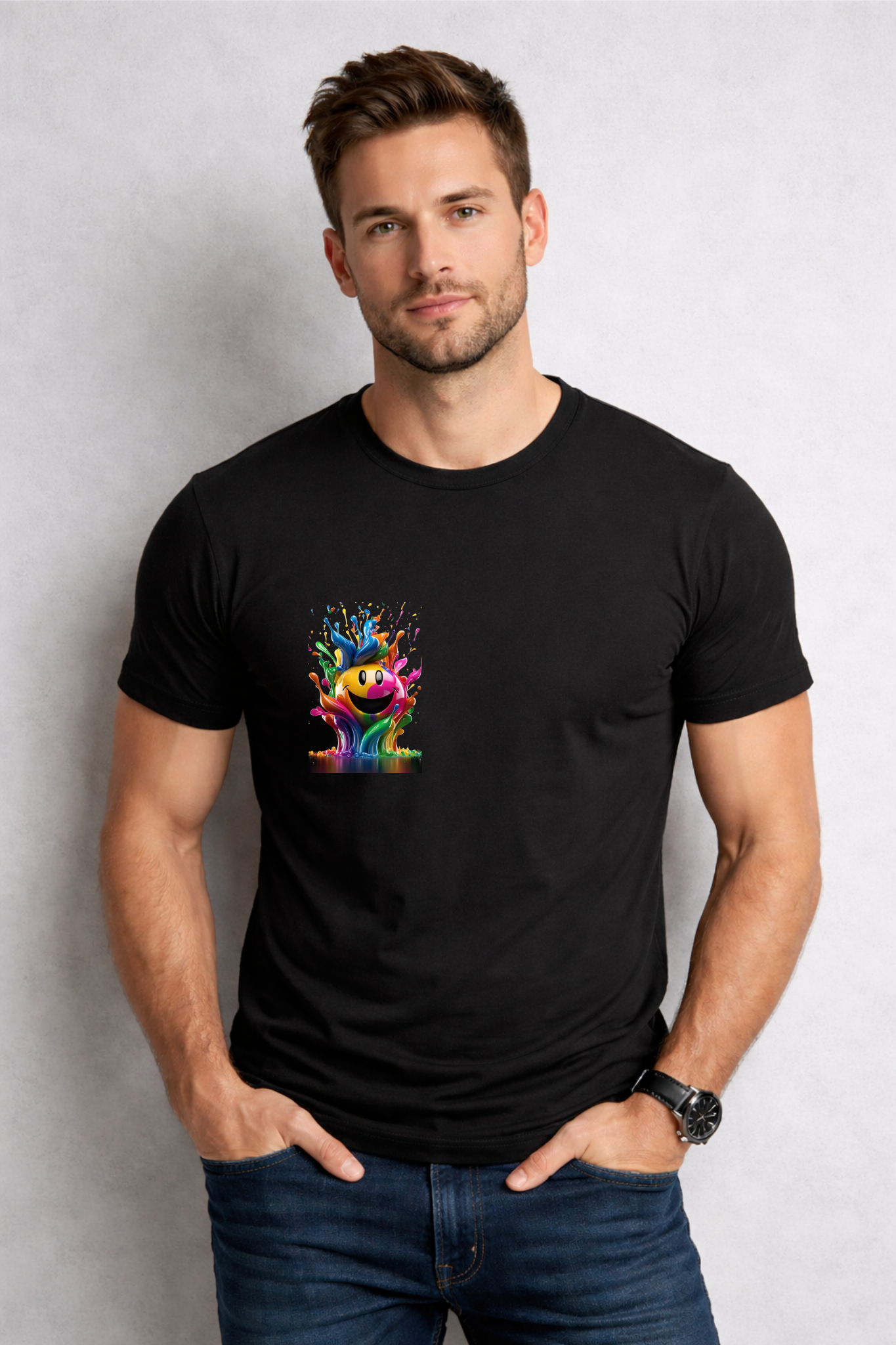 Holi Special T-Shirt for Men, Black, Colorful Print, Festival Wear