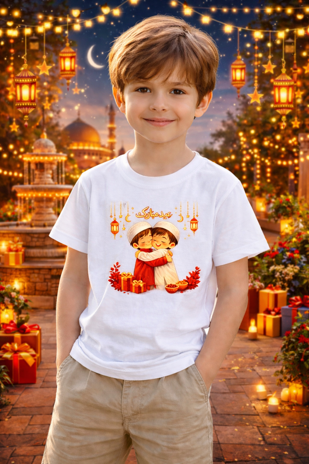 Eid Special T-Shirt for Kids, White, Colorful Print, Festival Wear