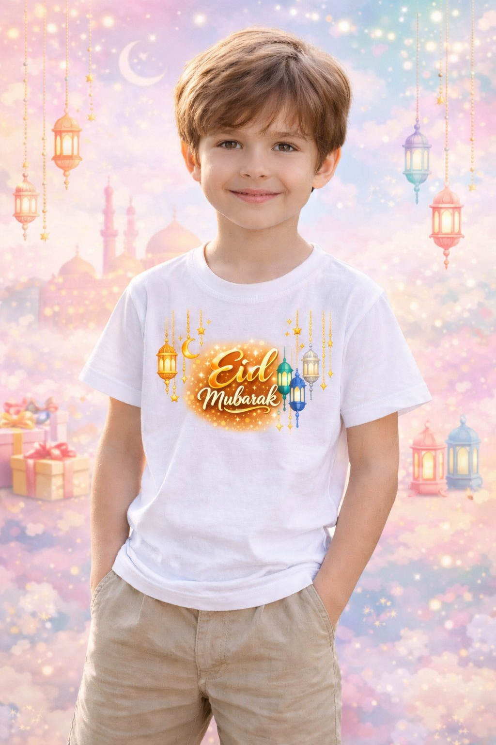 Eid Special T-Shirt for Kids, White, Colorful Print, Festival Wear