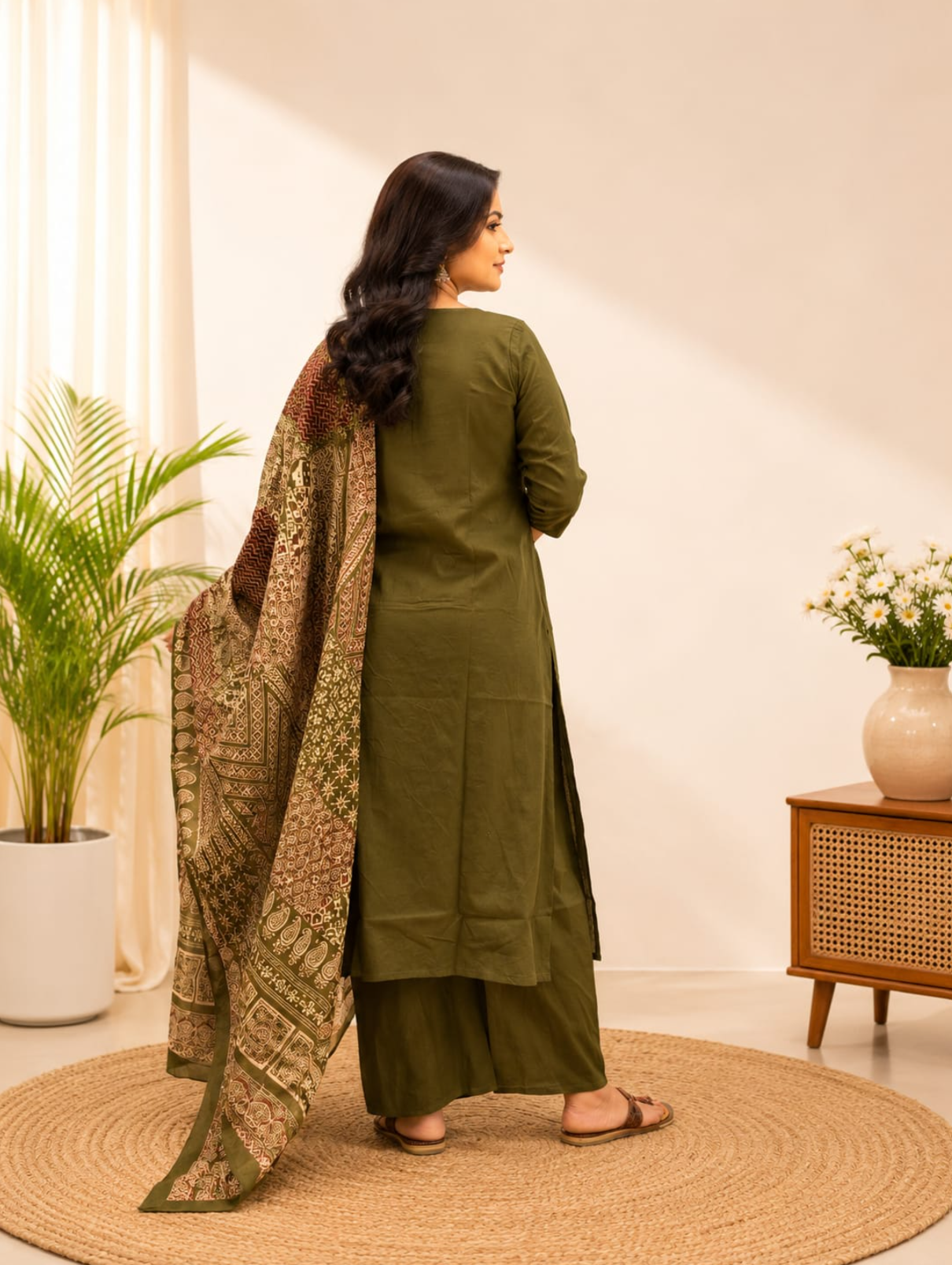 Spice Wardrobe Elegant Olive green Printed Cotton Suit