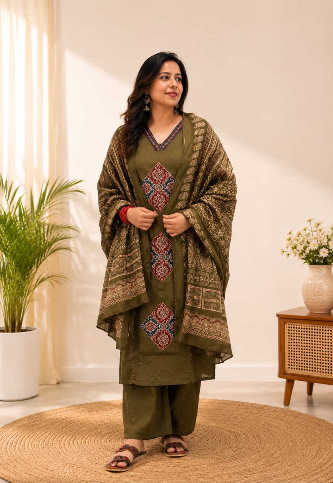 Spice Wardrobe Elegant Olive green Printed Cotton Suit