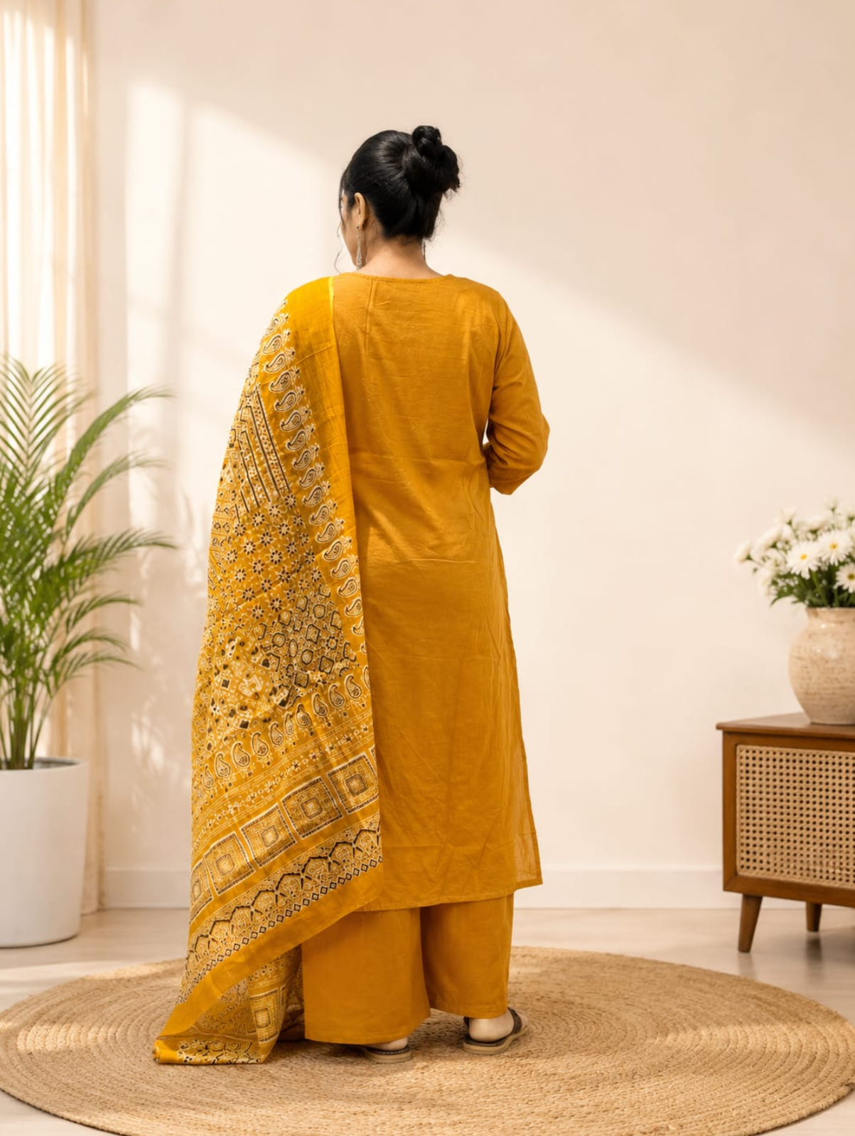 Spice Wardrobe Elegant Mustard green Printed Cotton Suit