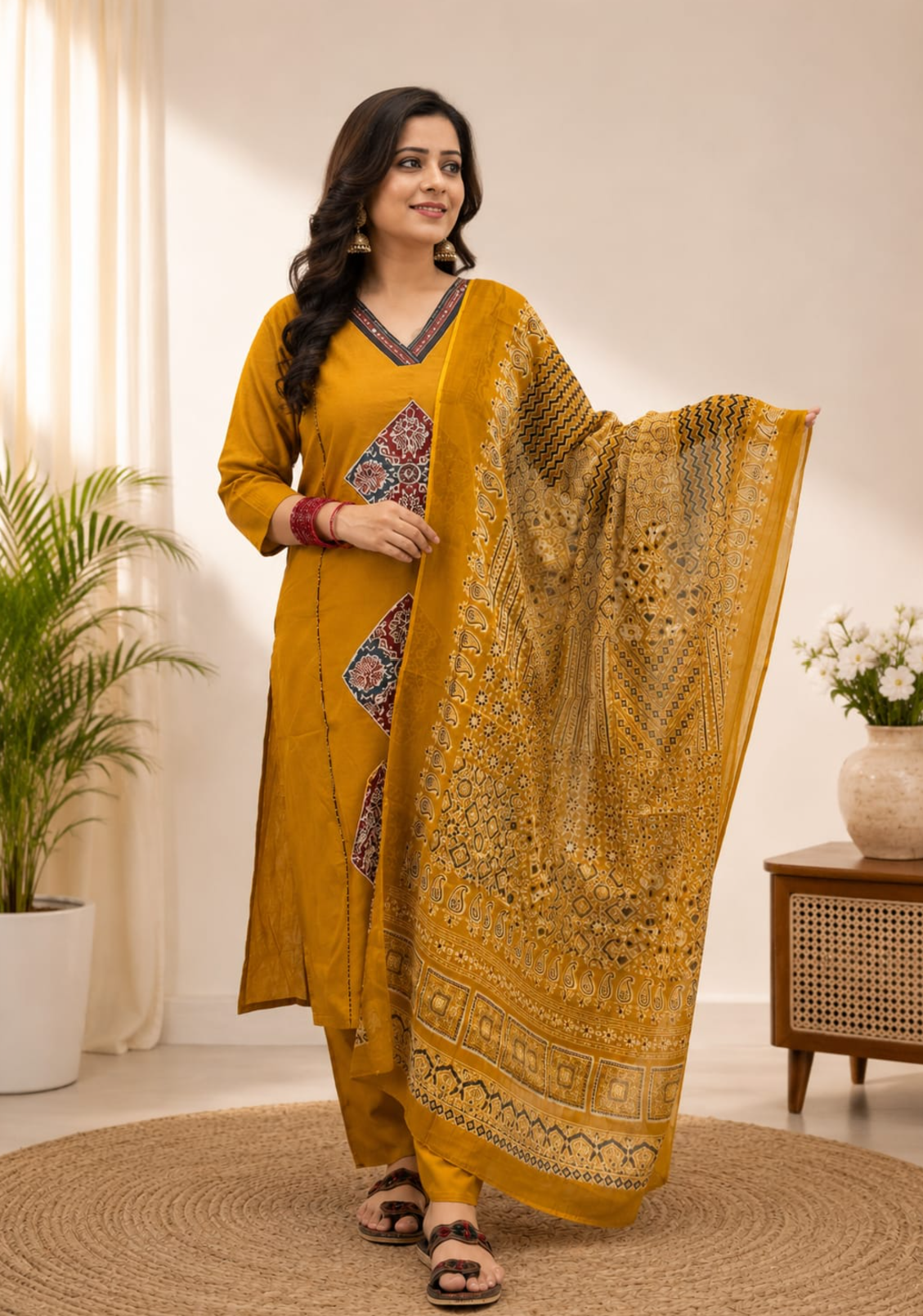 Spice Wardrobe Elegant Mustard green Printed Cotton Suit