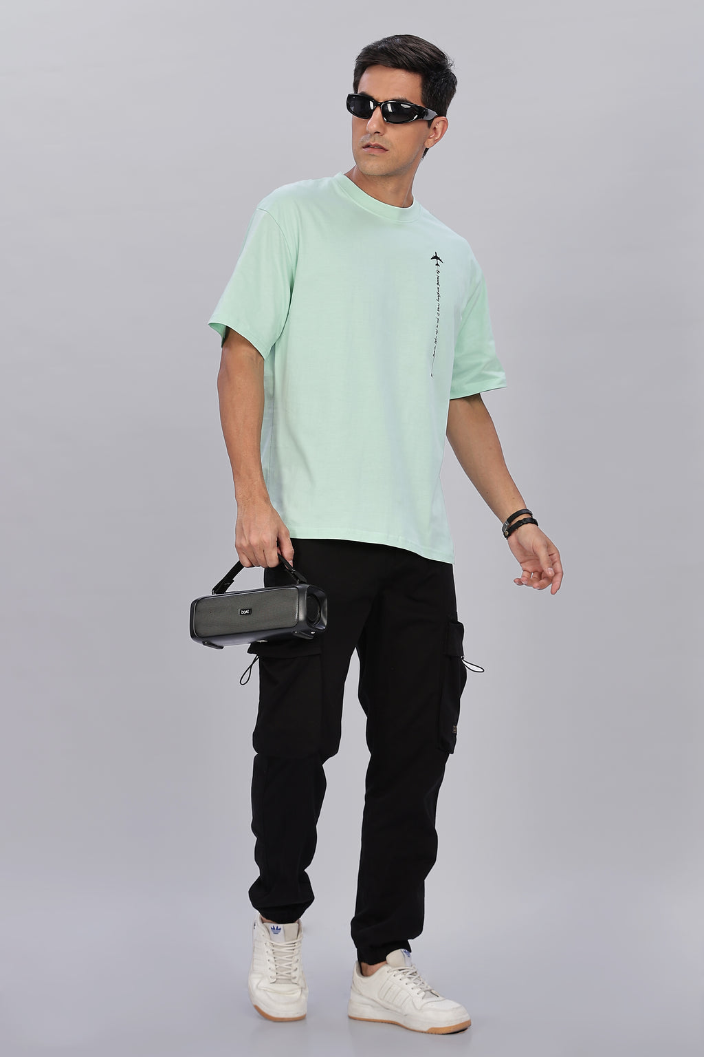 Spice Wardrobe Men Half Sleeve  Oversized T-shirt, Round Neck Longline Drop Shoulder | Mint Green Printed Relaxed Fit T-Shirt Cotton 180 GSM Fabric