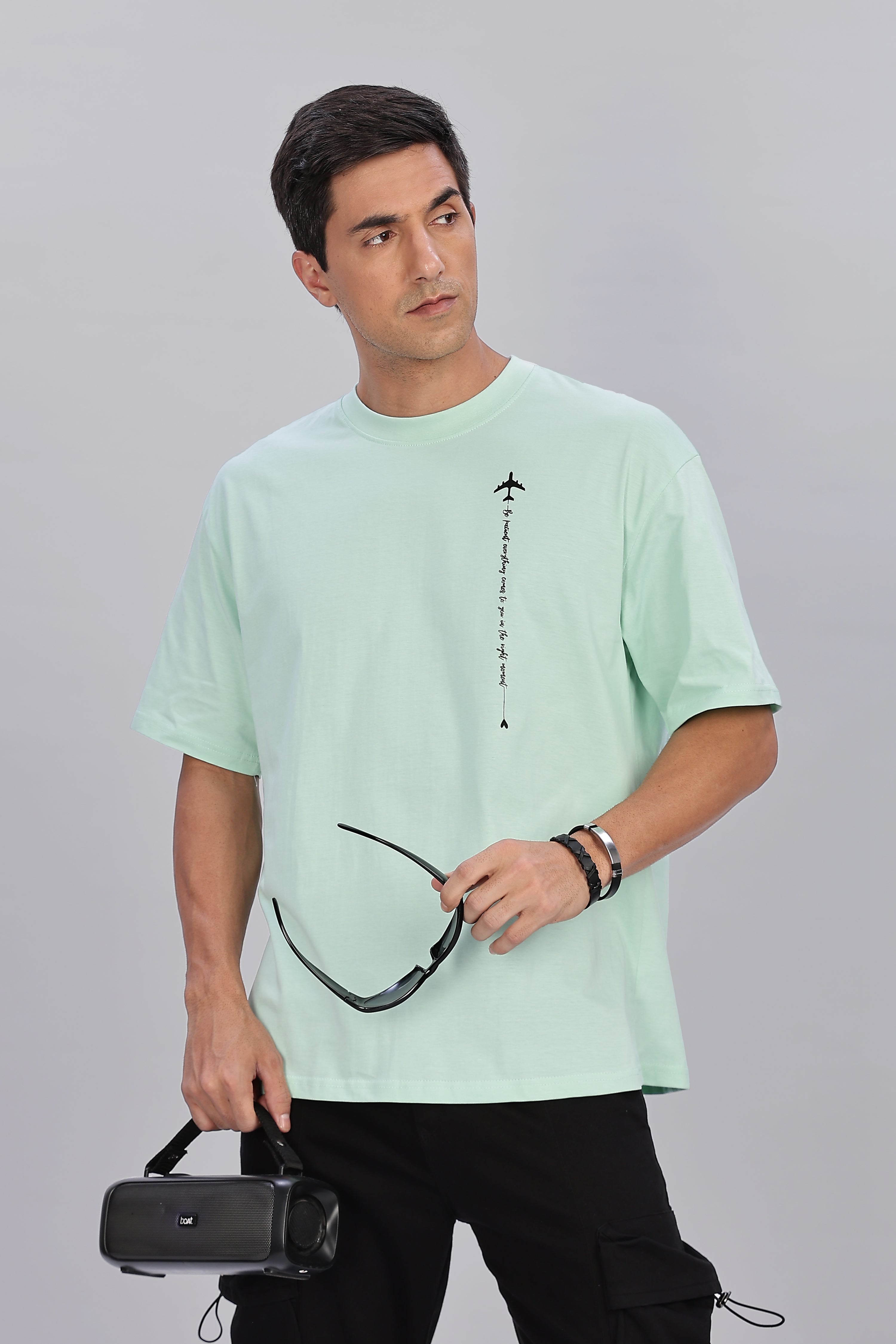 Spice Wardrobe Men Half Sleeve  Oversized T-shirt, Round Neck Longline Drop Shoulder | Mint Green Printed Relaxed Fit T-Shirt Cotton 180 GSM Fabric