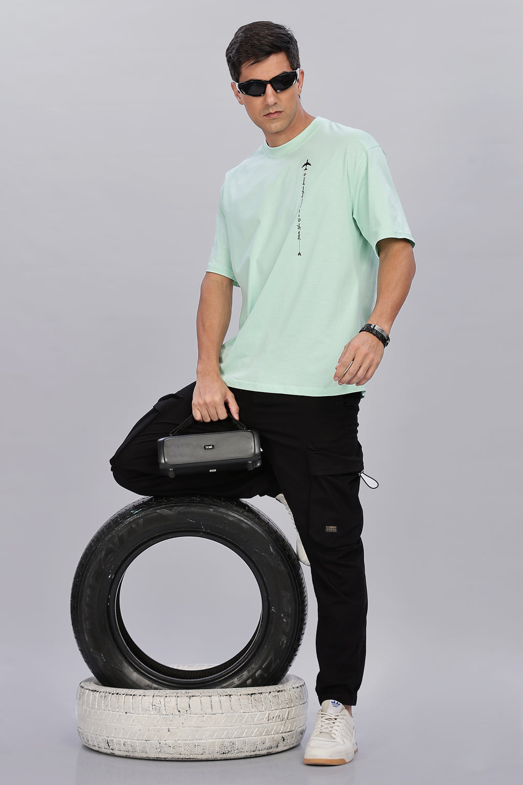 Spice Wardrobe Men Half Sleeve  Oversized T-shirt, Round Neck Longline Drop Shoulder | Mint Green Printed Relaxed Fit T-Shirt Cotton 180 GSM Fabric