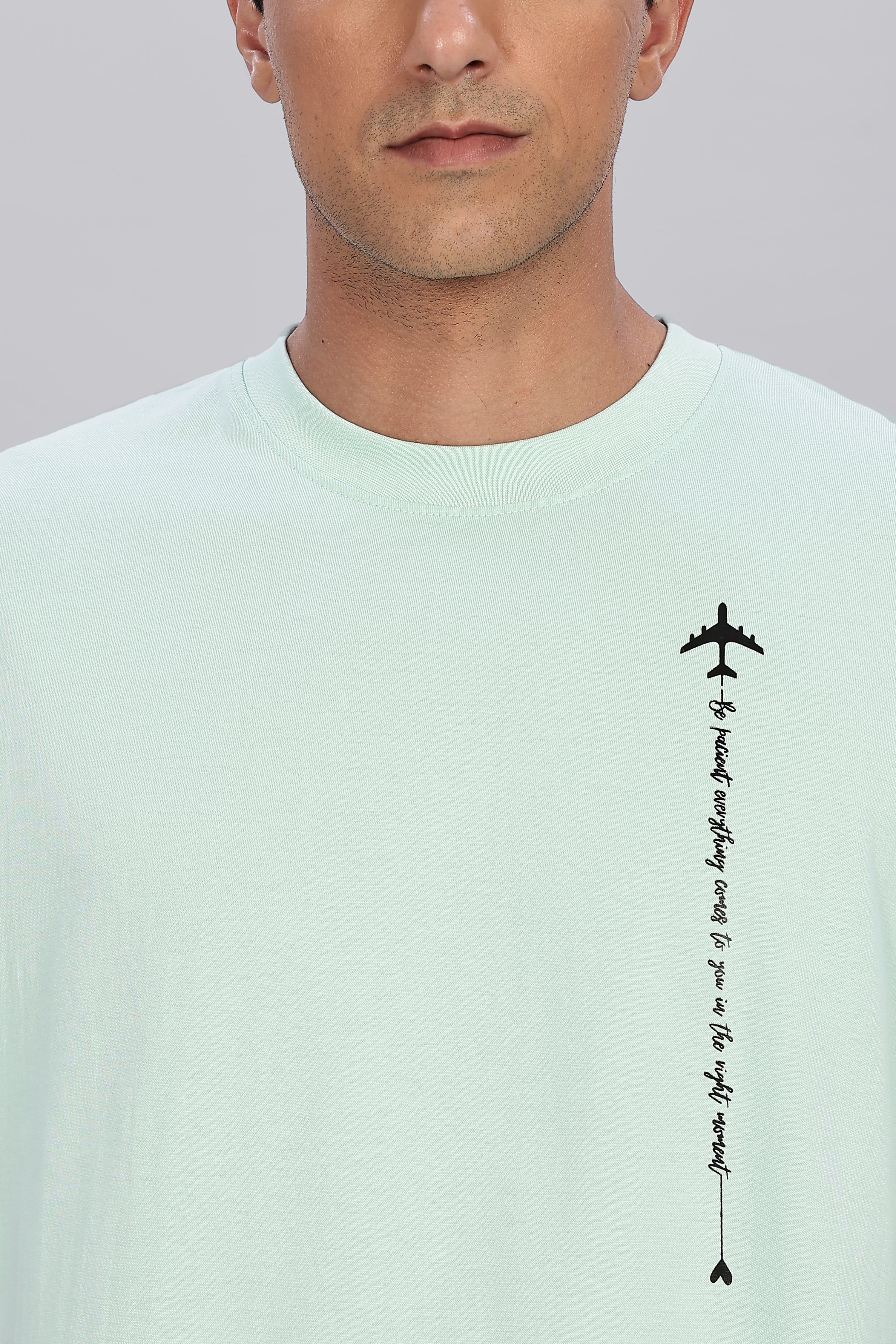 Spice Wardrobe Men Half Sleeve  Oversized T-shirt, Round Neck Longline Drop Shoulder | Mint Green Printed Relaxed Fit T-Shirt Cotton 180 GSM Fabric
