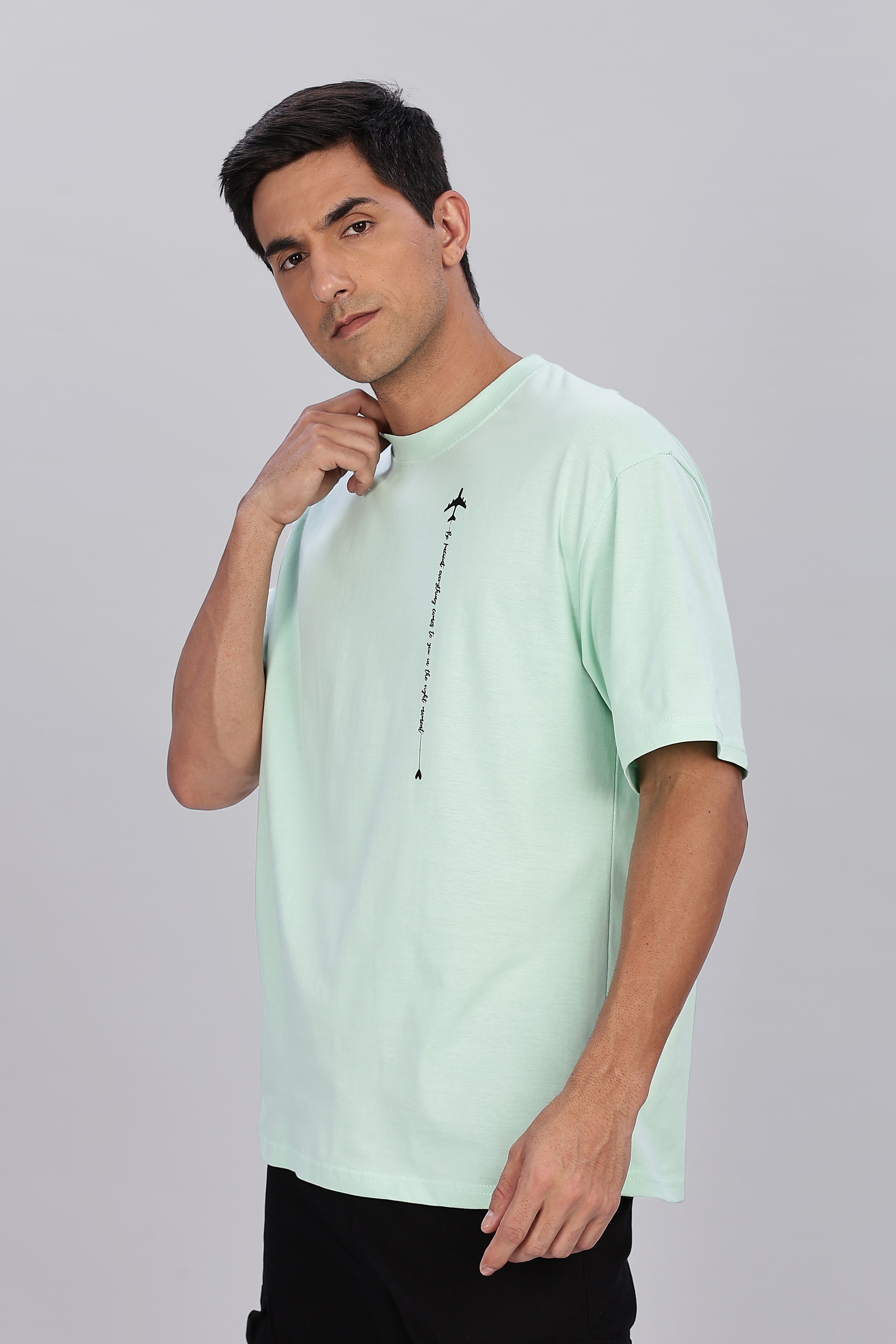 Spice Wardrobe Men Half Sleeve  Oversized T-shirt, Round Neck Longline Drop Shoulder | Mint Green Printed Relaxed Fit T-Shirt Cotton 180 GSM Fabric