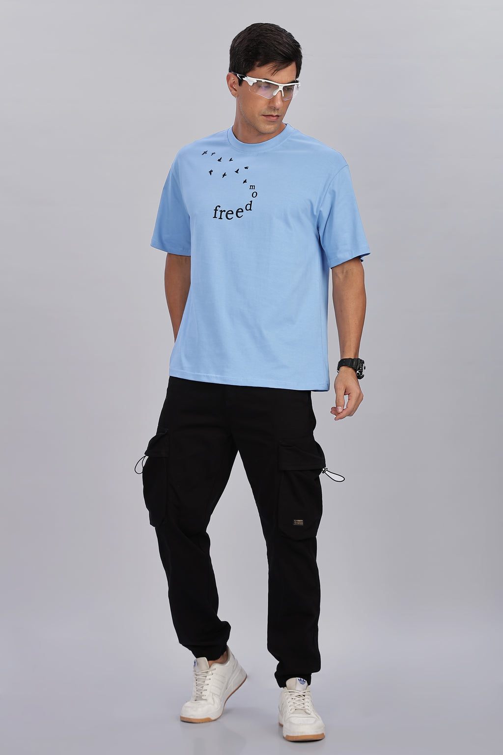 Spice Wardrobe Men Half Sleeve  Oversized T-shirt, Round Neck Longline Drop Shoulder | Electric Blue Printed Relaxed Fit T-Shirt Cotton 180 GSM Fabric