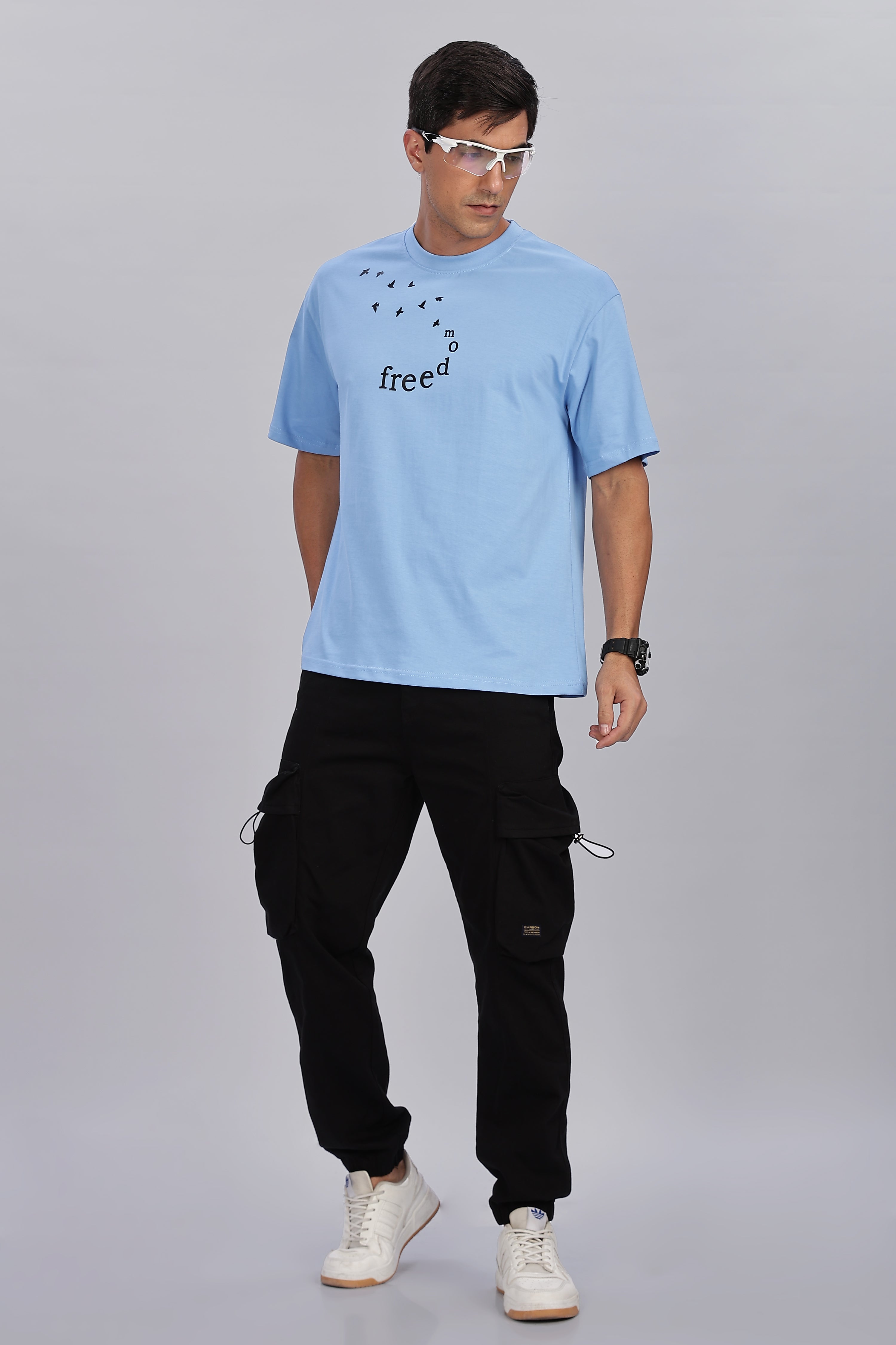 Spice Wardrobe Men Half Sleeve  Oversized T-shirt, Round Neck Longline Drop Shoulder | Electric Blue Printed Relaxed Fit T-Shirt Cotton 180 GSM Fabric