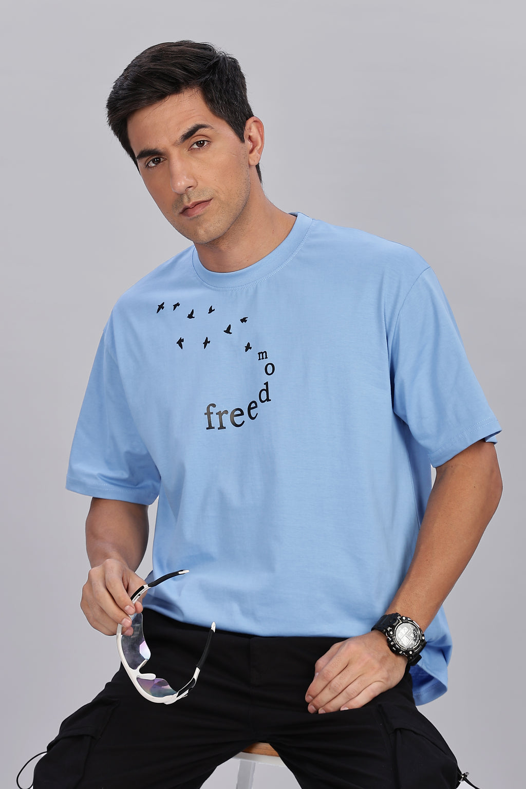 Spice Wardrobe Men Half Sleeve  Oversized T-shirt, Round Neck Longline Drop Shoulder | Electric Blue Printed Relaxed Fit T-Shirt Cotton 180 GSM Fabric