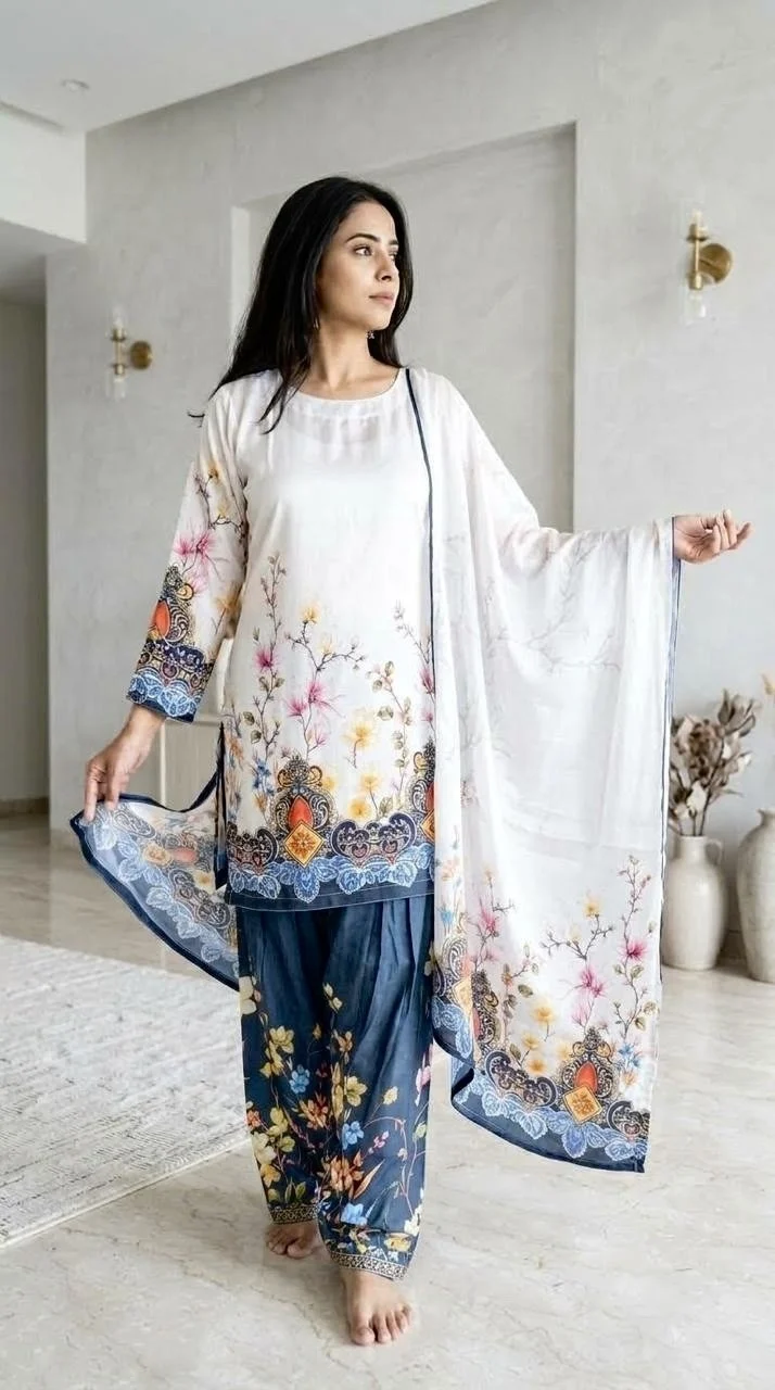 Women’s Floral Printed Farshi Salwar Suit Set with Dupatta