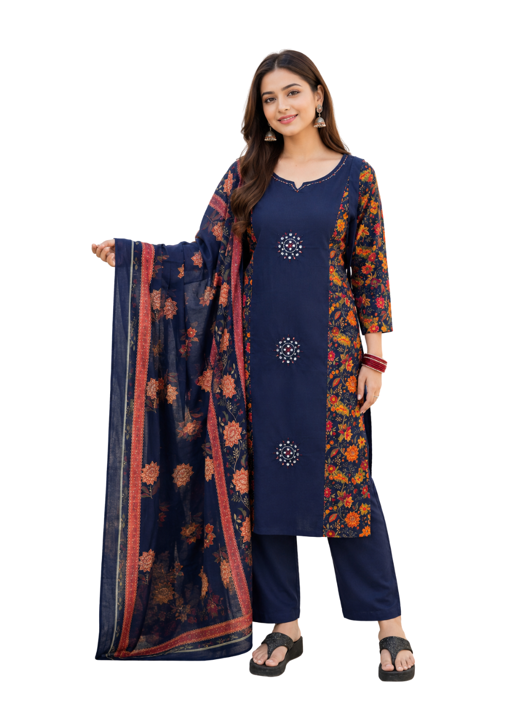 Spice Wardrobe Elegant Navy Blue Cotton Printed Suit