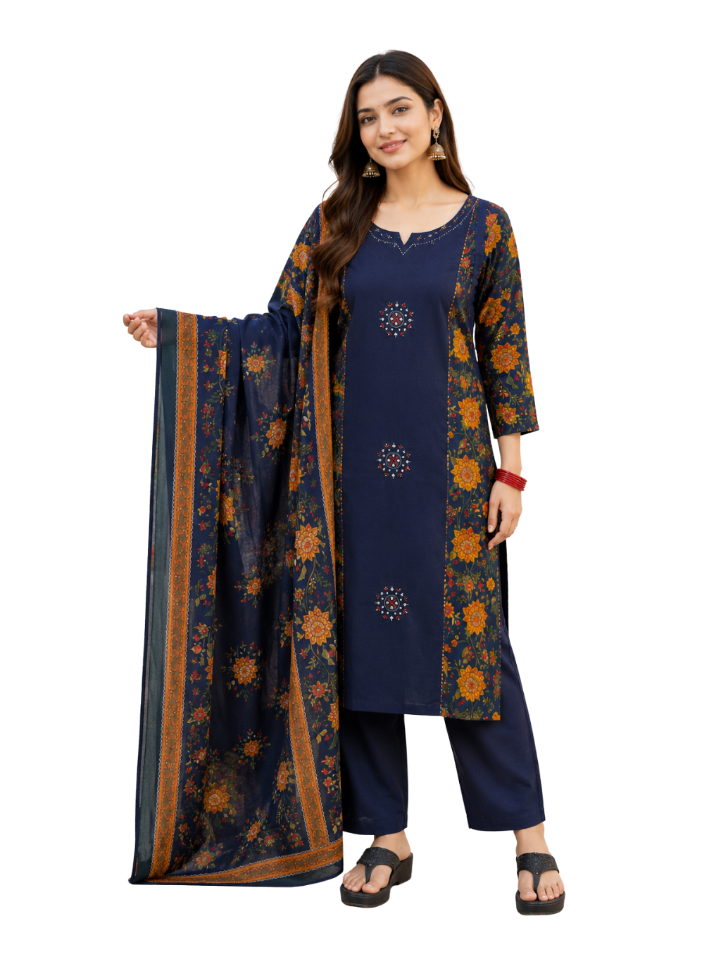 Spice Wardrobe Elegant Peacock Blue Cotton Printed Suit