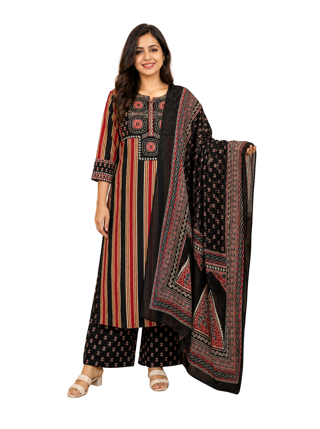 Spice Wardrobe Elegant Black and Red Cotton Printed Suit