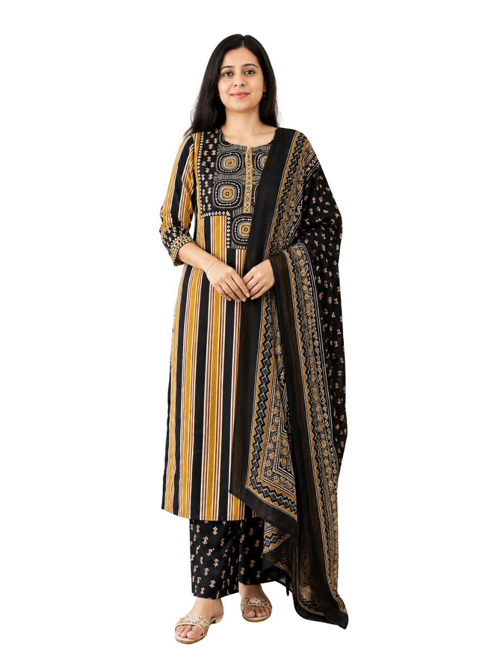 Spice Wardrobe Elegant Black and Yellow Cotton Printed Suit